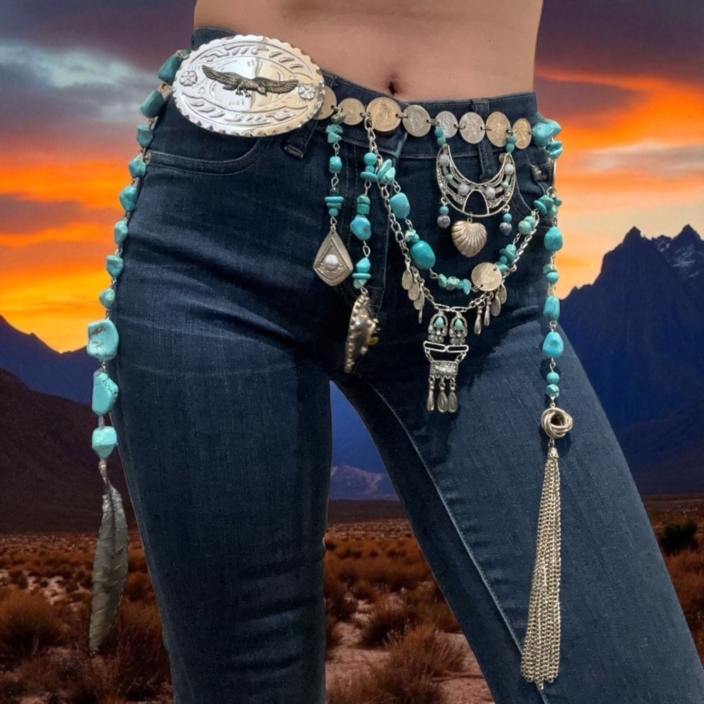 Upcycled Cowgirl Coin Chain Belt with Howlite, Faux Stone & Vintage Charms